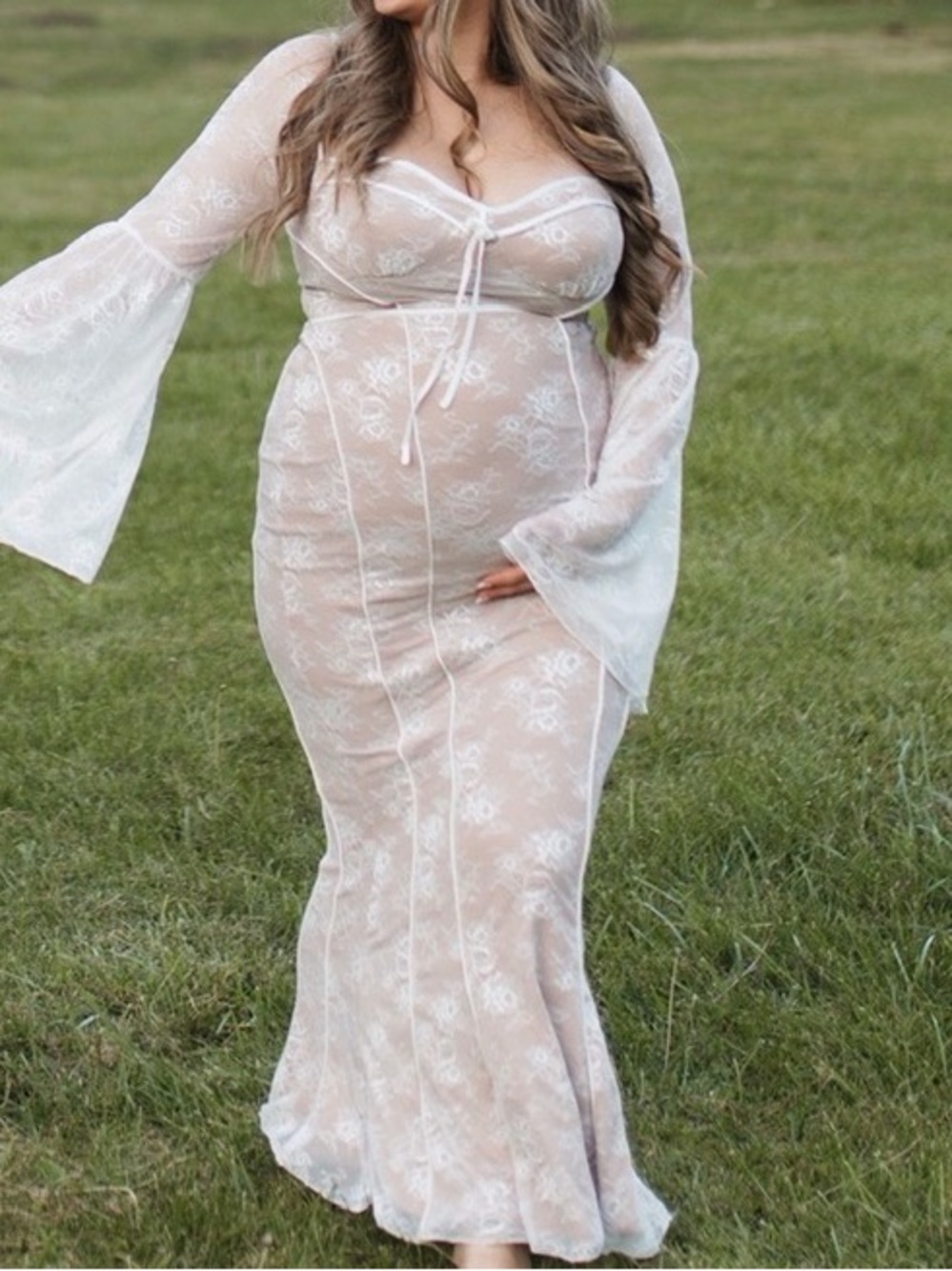 Fashion Nova Beige Lace-Overlay Long Sleeve Maxi Dress